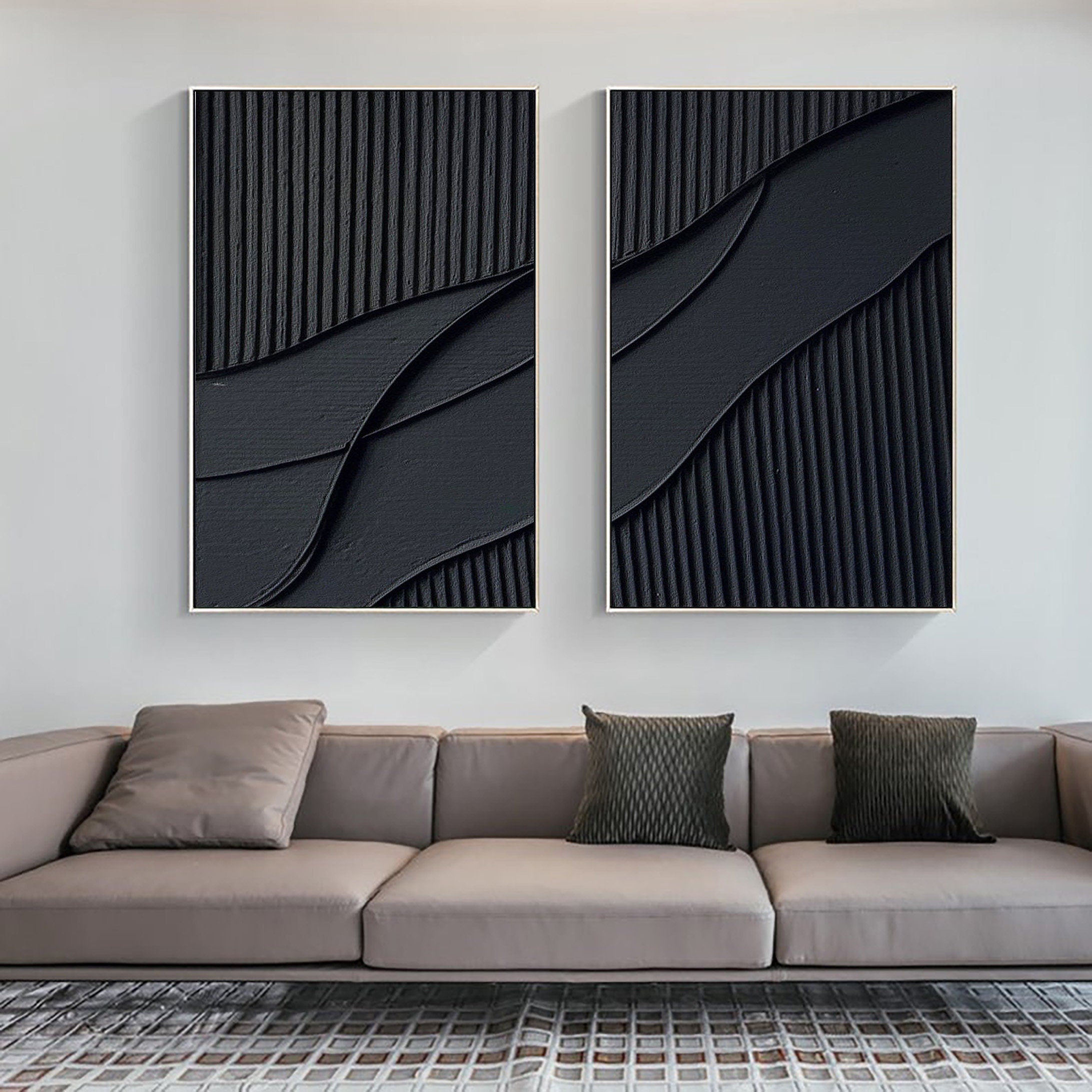 Black Plaster Art Minimalist Textured Paintings Set of 2 #MZ043