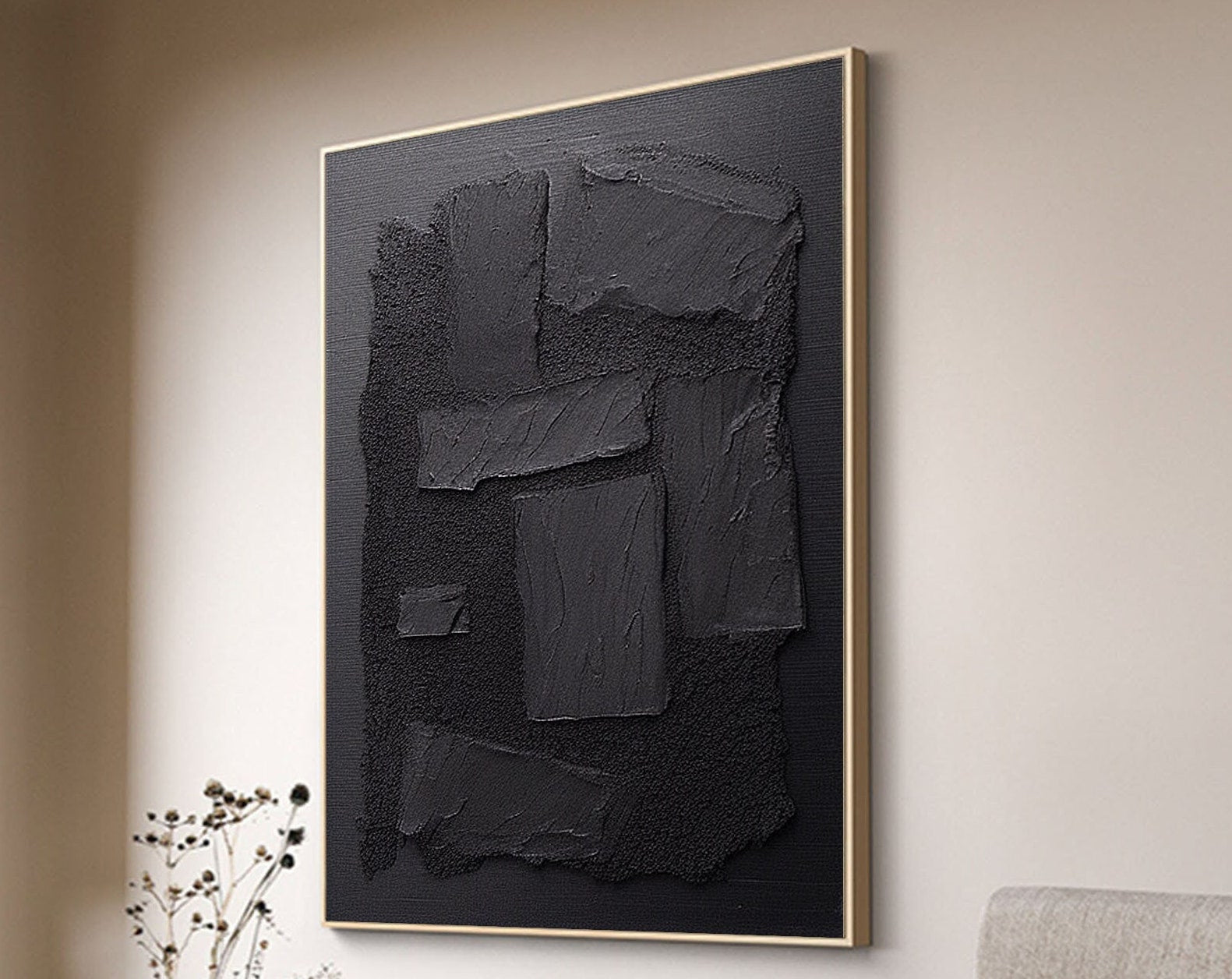 Black Plaster Art Minimalist Textured Painting #MZ033